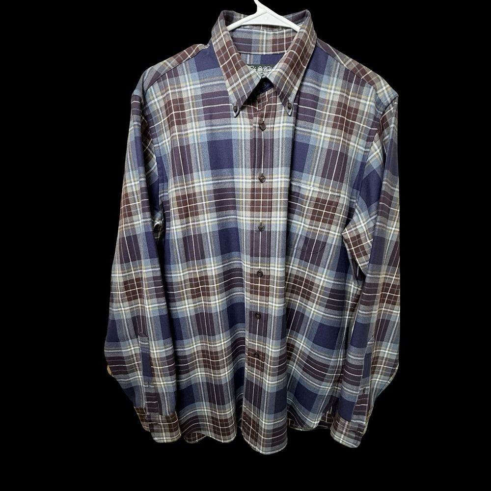 Brooks Brothers Country Club Men's L Brown Blue Plaid Flannel Button-Up Shirt